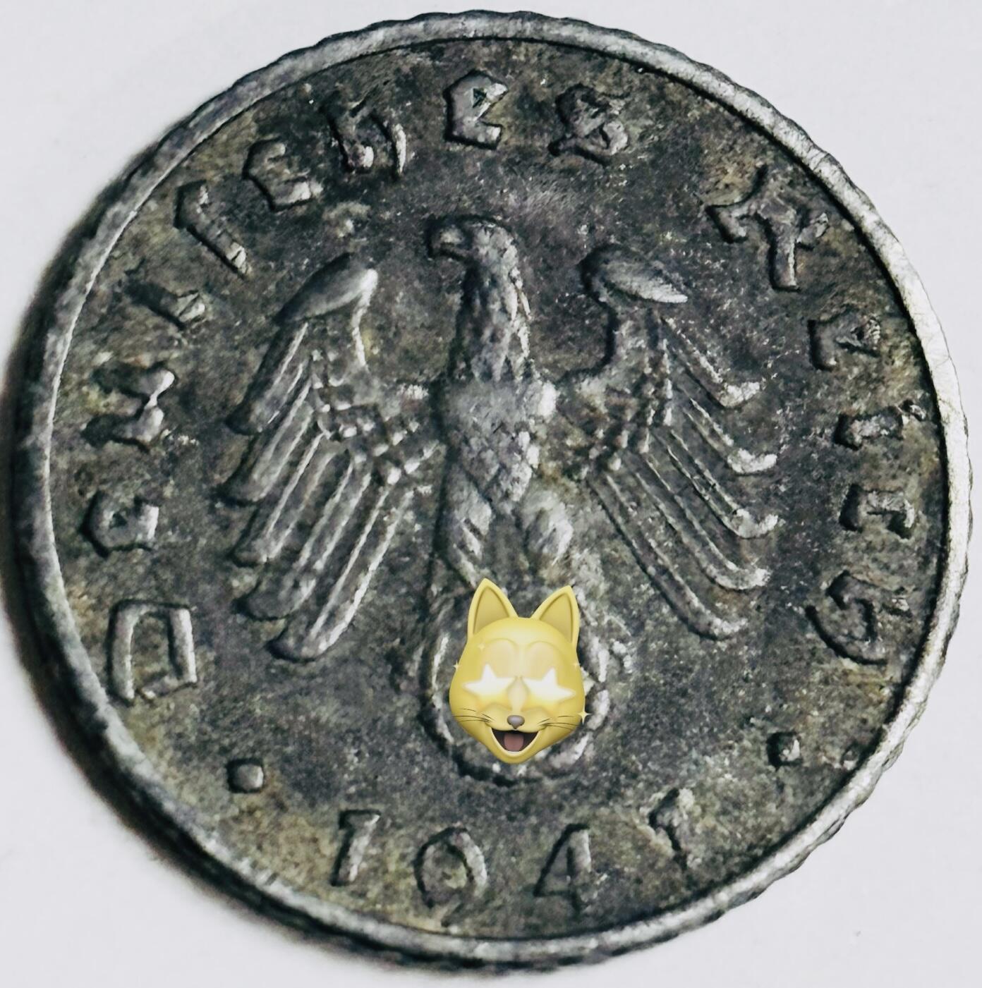 文馨钱币收藏第 282 场，【 长期接收代拍品】，加拿大老铜代用币，银币，德三系列场 极美品 1941 年德三帝国 5 芬尼锌币 B 标，锌币保存不易，品相佳，收藏不错