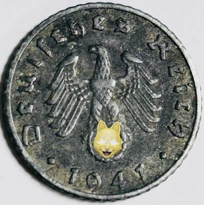 文馨钱币收藏第 282 场，【 长期接收代拍品】，加拿大老铜代用币，银币，德三系列场 - 极美品 1941 年德三帝国 5 芬尼锌币 B 标，锌币保存不易，品相佳，收藏不错
