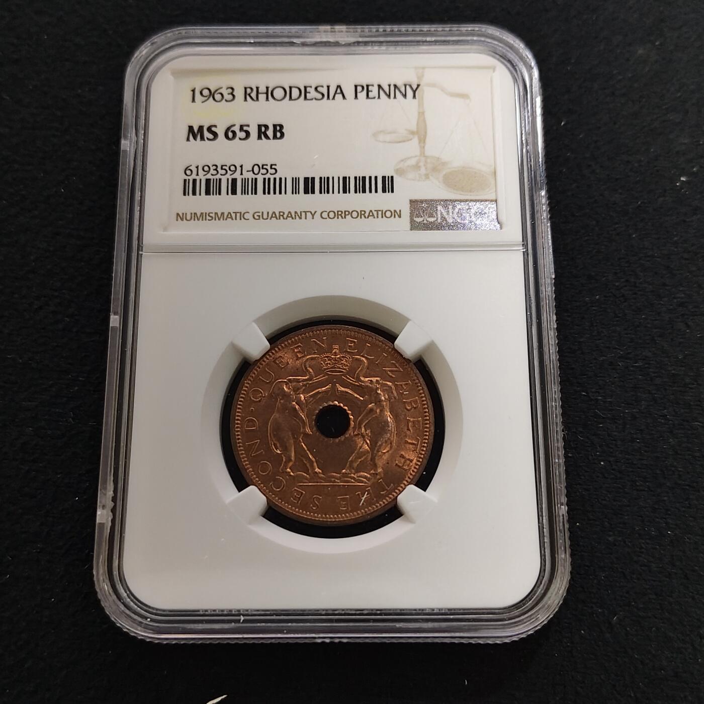 【全场包邮】纯粹捡漏拍481场（免费代拍第18场） 【收藏级】英属罗德西亚和尼亚萨兰1963年1便士大铜币-NGC MS65 RB