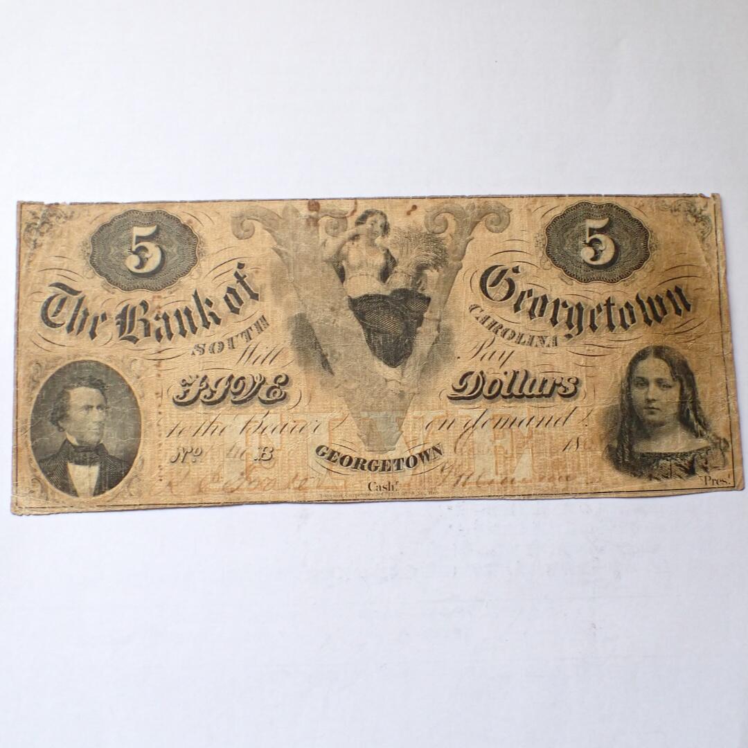 古楚泉社世界钱币专场NO.1 美国19世纪南卡罗来纳洲乔治敦银行5美元纸币