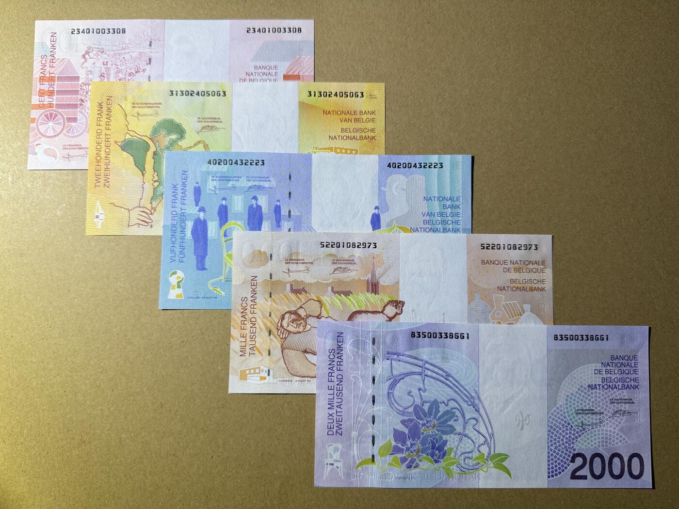 《艾美收藏》第221期-11.23周日黄金场精品荟萃 比利时100、200、500、1000、2000法郎5张UNC 末版 全部原票绝品 非常难得