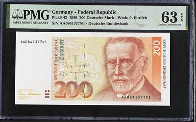 《艾美收藏》第221期-11.23周日黄金场精品荟萃 - 德国200马克 PMG63E 1989年 AA冠 连号的全评了67-68 仅此张低评 可重评或剪壳裸币收藏