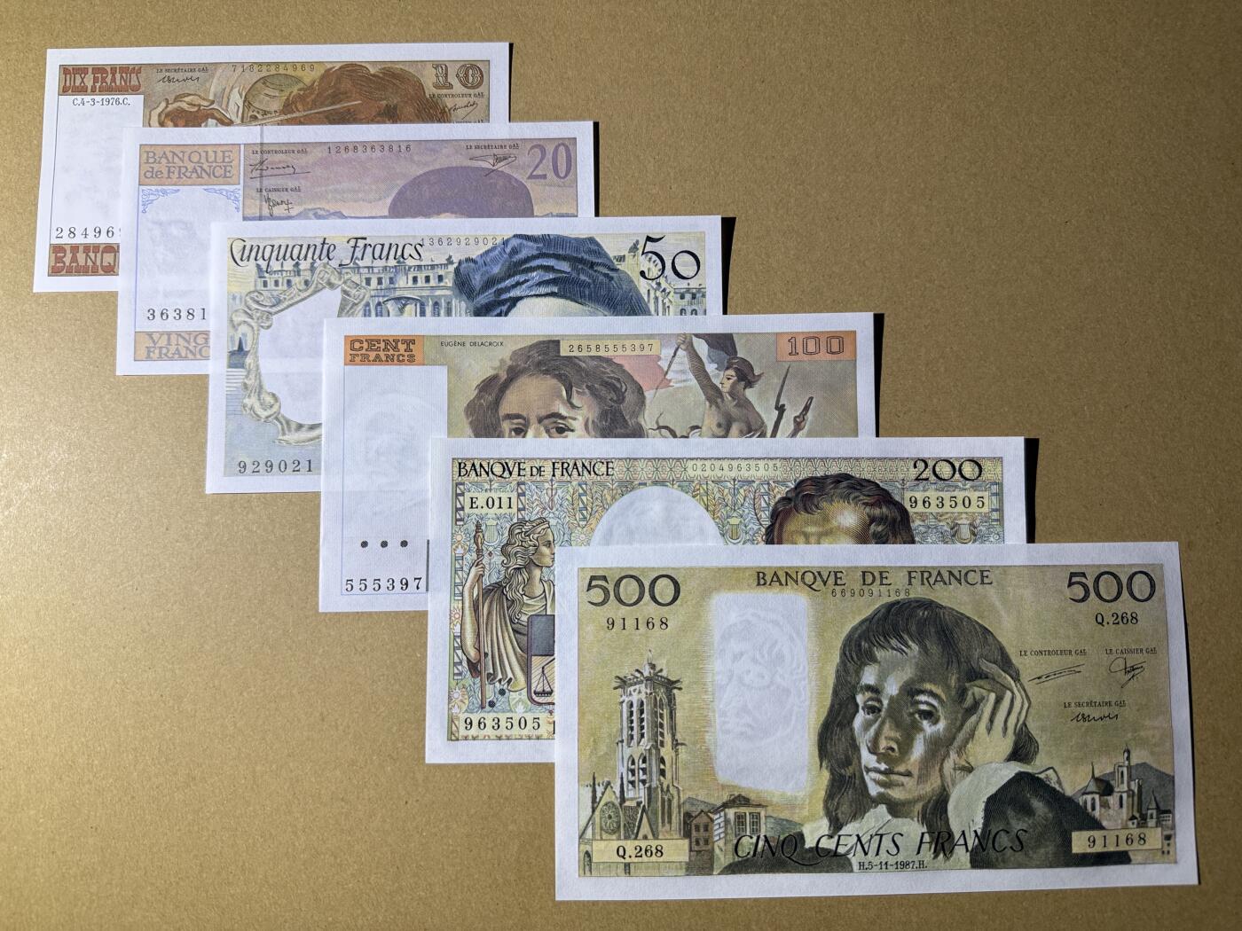 《艾美收藏》第221期-11.23周日黄金场精品荟萃 法国10、20、50、100、200、500法郎6张 UNC 倒二版一套 全部原票好品