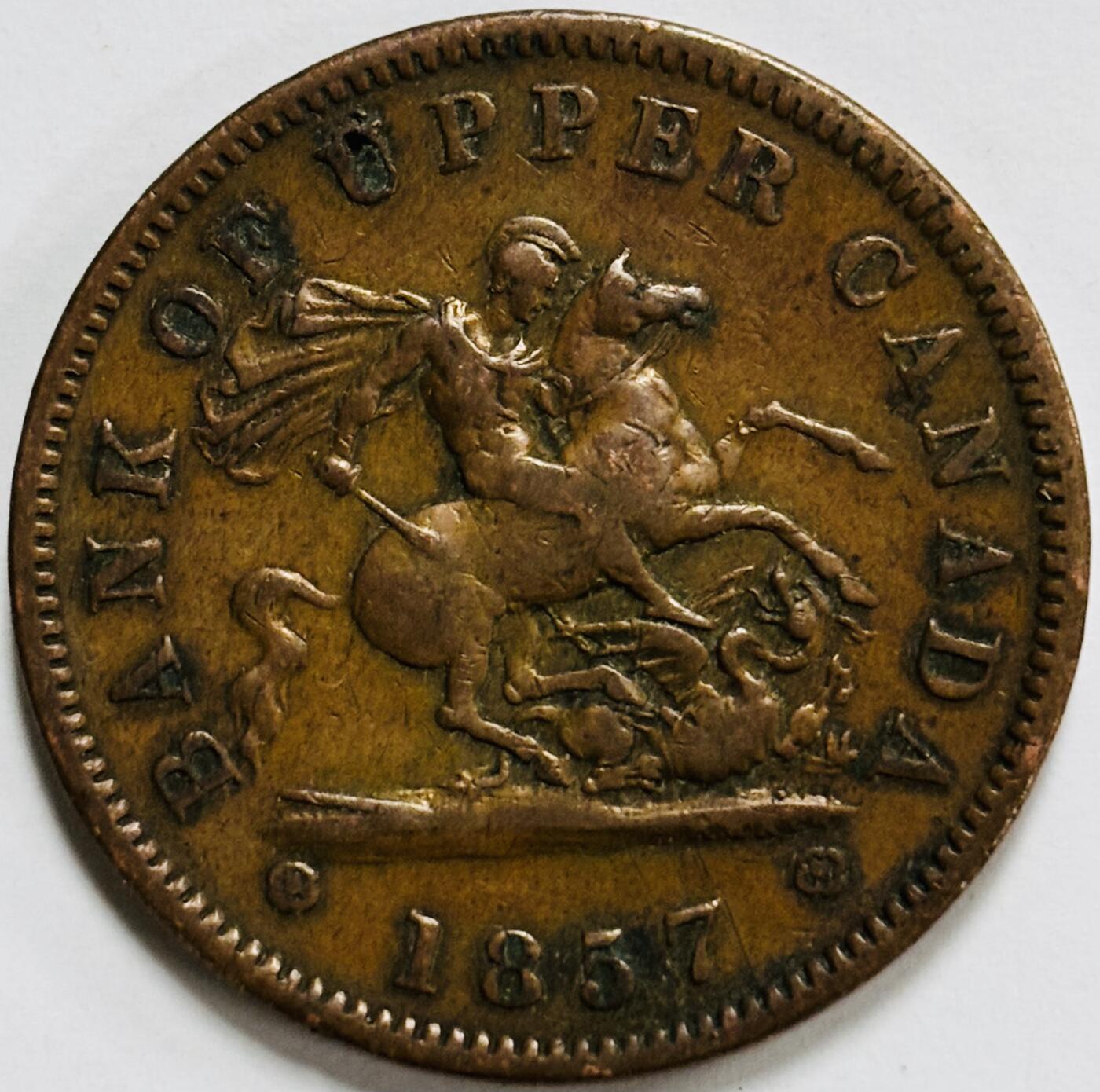 文馨钱币收藏第 282 场，【 长期接收代拍品】，加拿大老铜代用币，银币，德三系列场 稀少极美品 包浆圆润 加拿大1857 年圣乔治马剑屠龙1便士青铜币 TOKEN 代用币