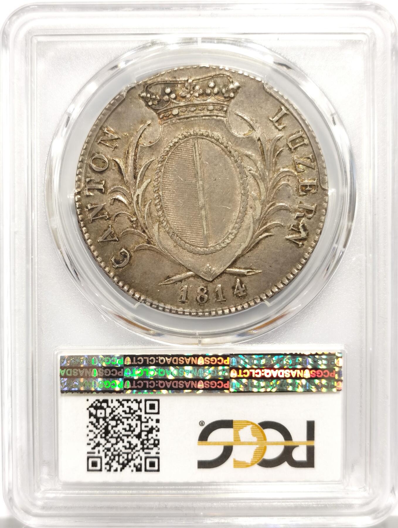 博洋堂世界钱币拍卖第147期（全场包邮） PCGS XF45 1814年瑞士卢塞恩雇佣军4法郎大银币，原味酱彩打制极佳状态斐然，瑞士雇佣兵系列这几年一直是海外热门品种，麦稀奇此品种从未出现过ms级别足见其珍贵，同品种成交价普遍超过4000元