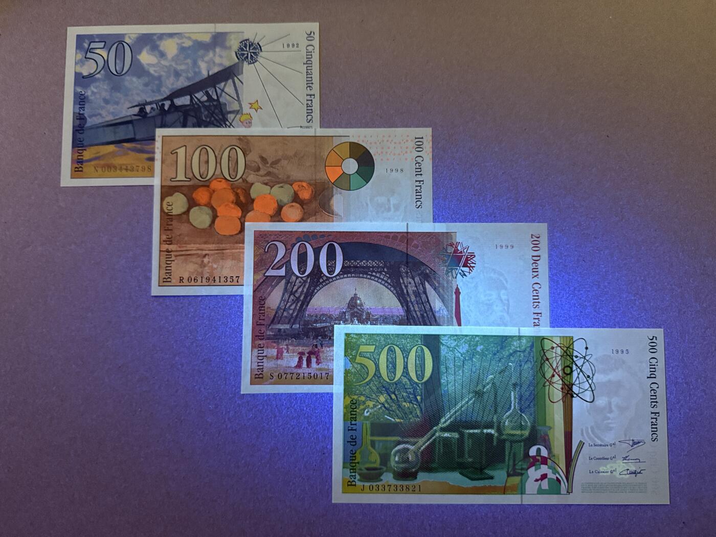 《艾美收藏》第221期-11.23周日黄金场精品荟萃 法国50、100、200、500法郎4张 UNC 末版一套 50法郎小王子为1992年初版 全部原票好品