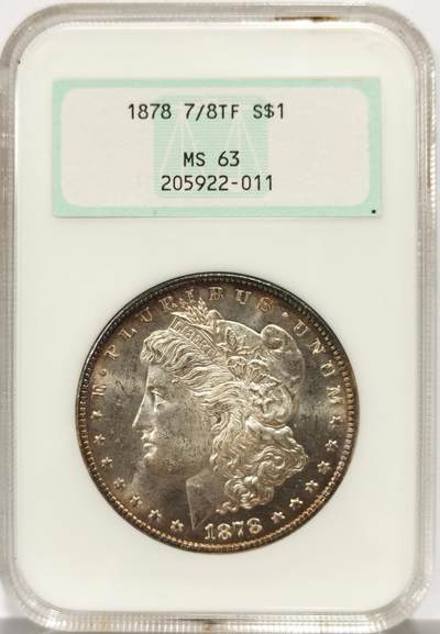 博洋堂世界钱币拍卖第147期（全场包邮） - NGC MS63 美国1878年摩根银币，首年摩根，极罕见7羽骑8羽版，数量远少于本就不太多见的8羽版。此枚状态极其出色，环彩+强镜面感，综合看下来完全不逊于过手的64分甚至有机会给PL，NGC非常早期的OGH重评常常有惊喜