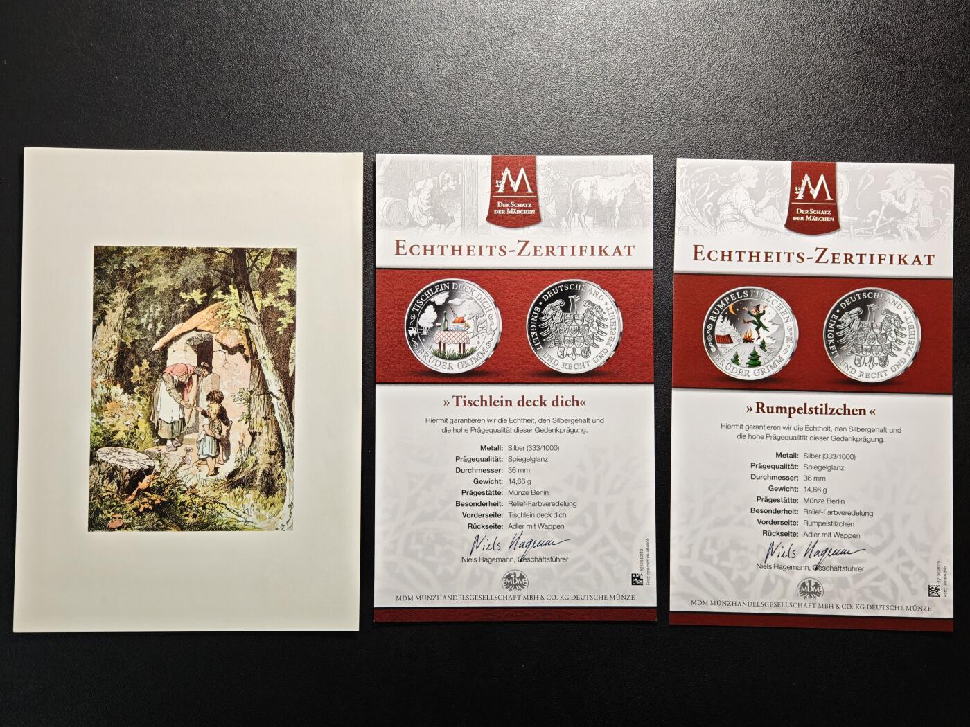 【德藏】世界币章拍卖第154期（拍品征集中~欢迎藏友联系） 10枚一册 德国童话故事彩绘纪念银章 原盒 原证书 （36mm/枚 333银/枚 14.66g/枚）设计极其精美