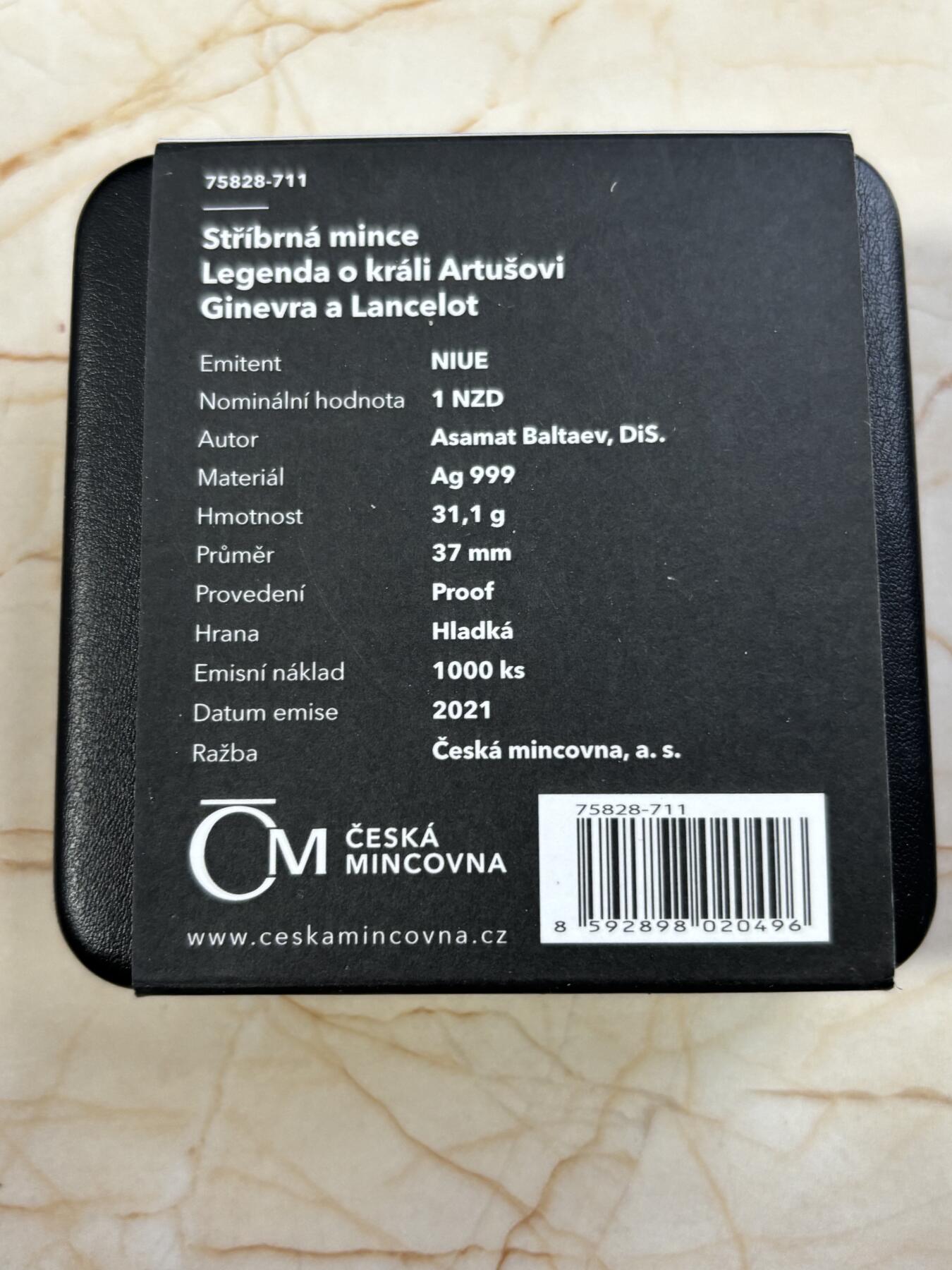 第182期拍卖 纽埃2021年兰斯洛特和吉尼维尔亚瑟王传奇纪念银币，999银，发行1000枚