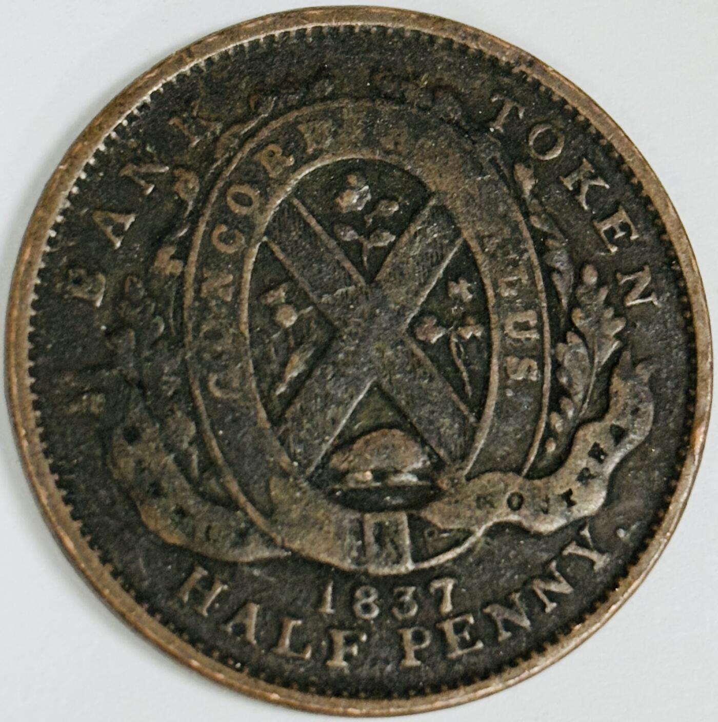 文馨钱币收藏第 282 场，【 长期接收代拍品】，加拿大老铜代用币，银币，德三系列场 稀少极美品 1837年英属魁北克（下加拿大）1/2半便士代用老铜币