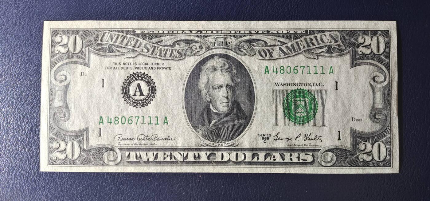 Unc- 美国纸币 1969年C版 20美元纸币 豹子号111 边缘轻微压