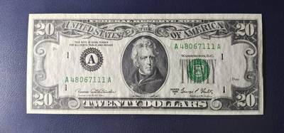 Unc- 美国纸币 1969年C版 20美元纸币 豹子号111 边缘轻微压 - Unc- 美国纸币 1969年C版 20美元纸币 豹子号111 边缘轻微压