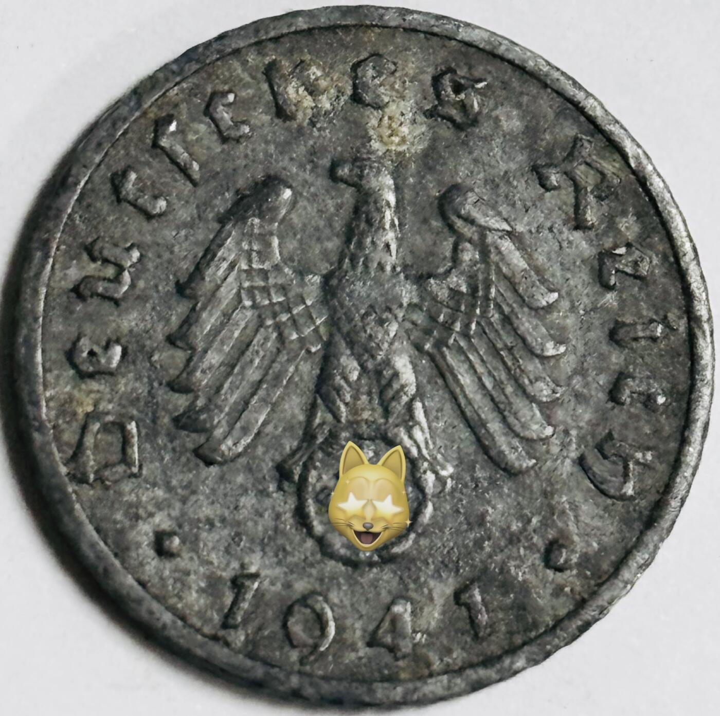 文馨钱币收藏第 282 场，【 长期接收代拍品】，加拿大老铜代用币，银币，德三系列场 极美品 1941 年德三帝国 5 芬尼锌币 F 标，锌币保存不易，品相佳，收藏不错