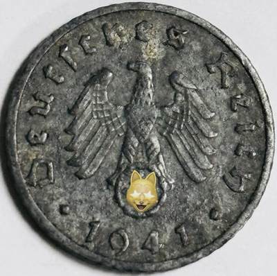 文馨钱币收藏第 282 场，【 长期接收代拍品】，加拿大老铜代用币，银币，德三系列场 - 极美品 1941 年德三帝国 5 芬尼锌币 F 标，锌币保存不易，品相佳，收藏不错
