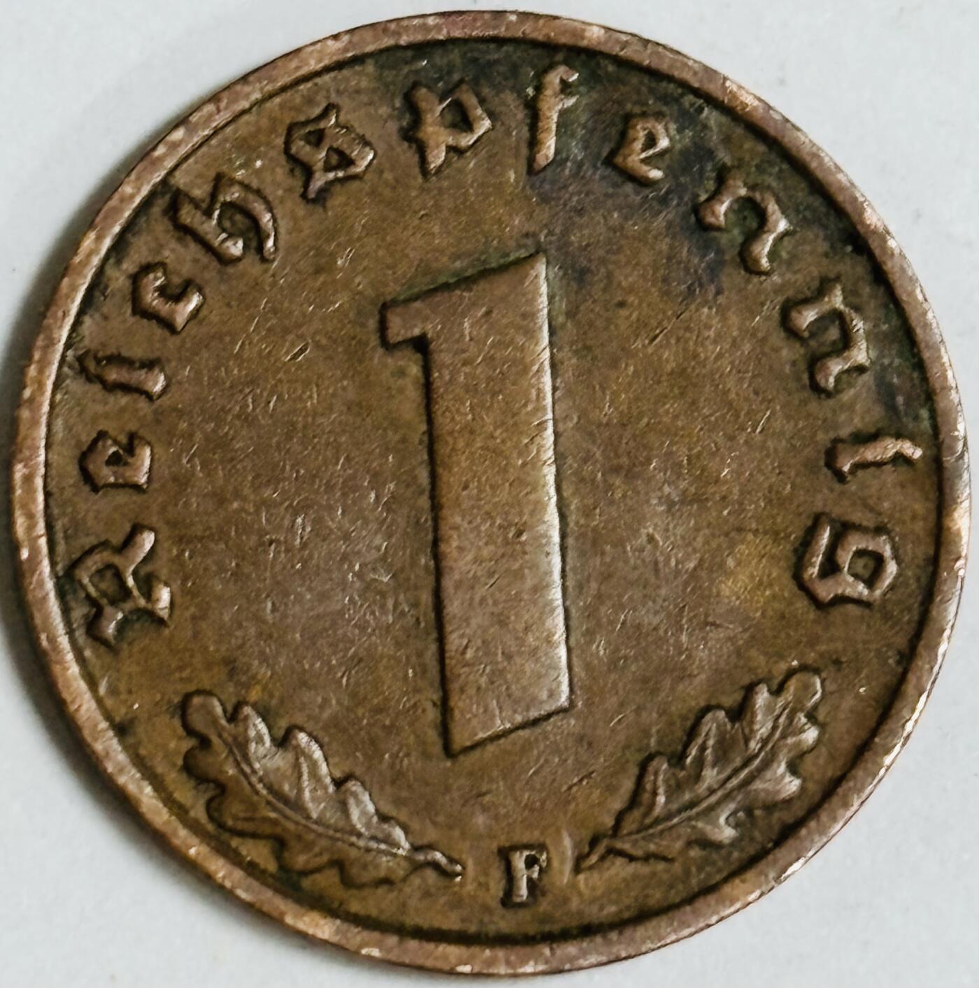 文馨钱币收藏第 282 场，【 长期接收代拍品】，加拿大老铜代用币，银币，德三系列场 极美品 1937 年德三帝国 1 芬尼铜币 F 标