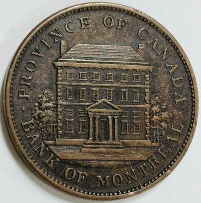 文馨钱币收藏第 282 场，【 长期接收代拍品】，加拿大老铜代用币，银币，德三系列场 - 稀少极美品加拿大 蒙特利尔银行 1842 年 1 便士 代用老铜币，包浆温润，自然绿锈托底
