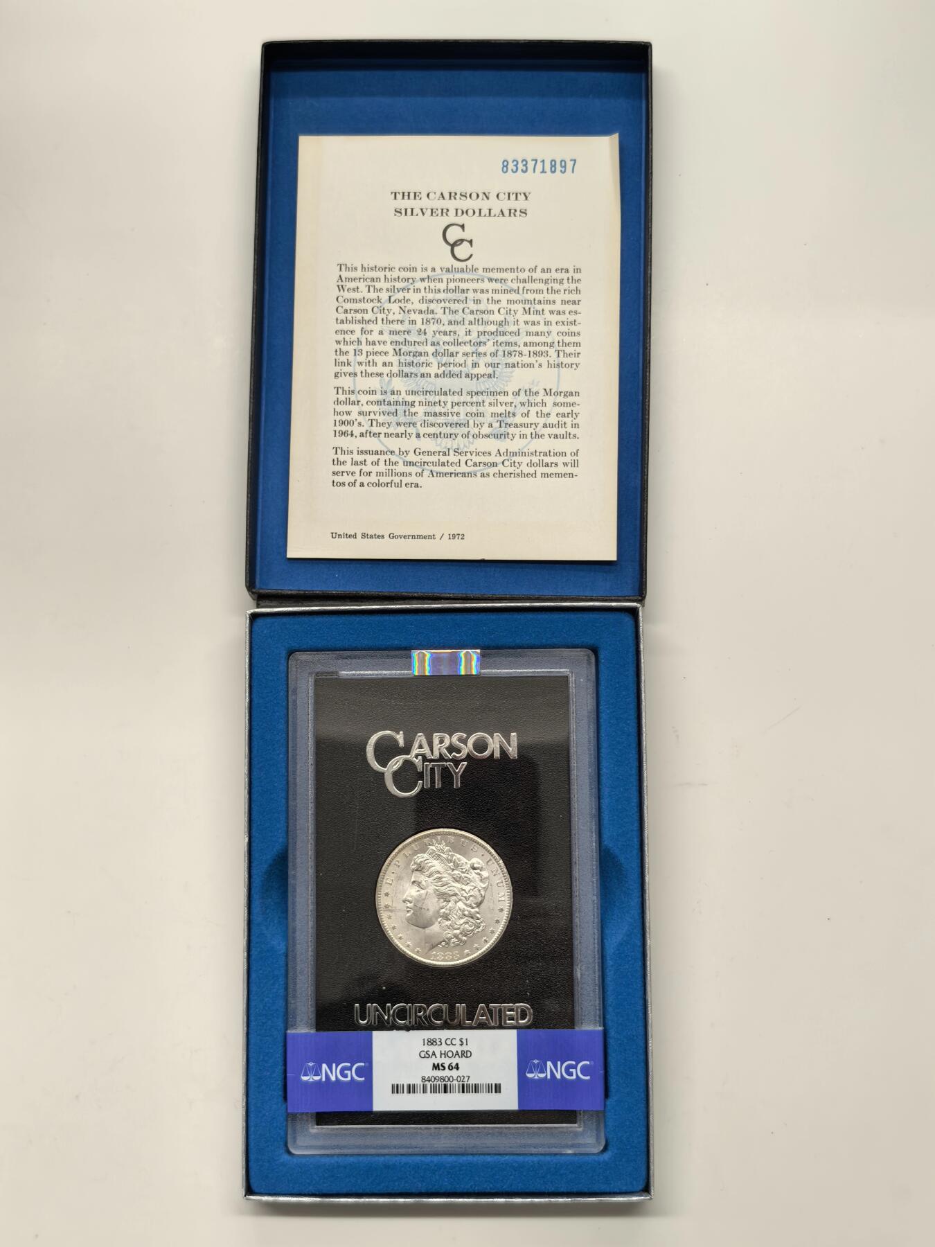 博洋堂藏家专场系列之美国钱币白金之夜专场暨第148期（全场包邮） NGC MS64 美国1883 CC 摩根 卡森厂 GSA大封装 附原盒及证书 高分难得 十字转光