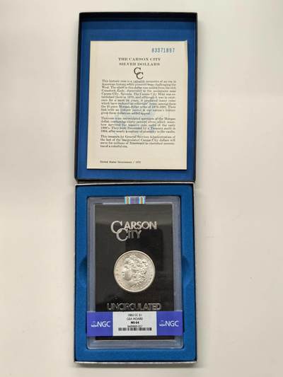 博洋堂藏家专场系列之美国钱币白金之夜专场暨第148期（全场包邮） - NGC MS64 美国1883 CC 摩根 卡森厂 GSA大封装 附原盒及证书 高分难得 十字转光