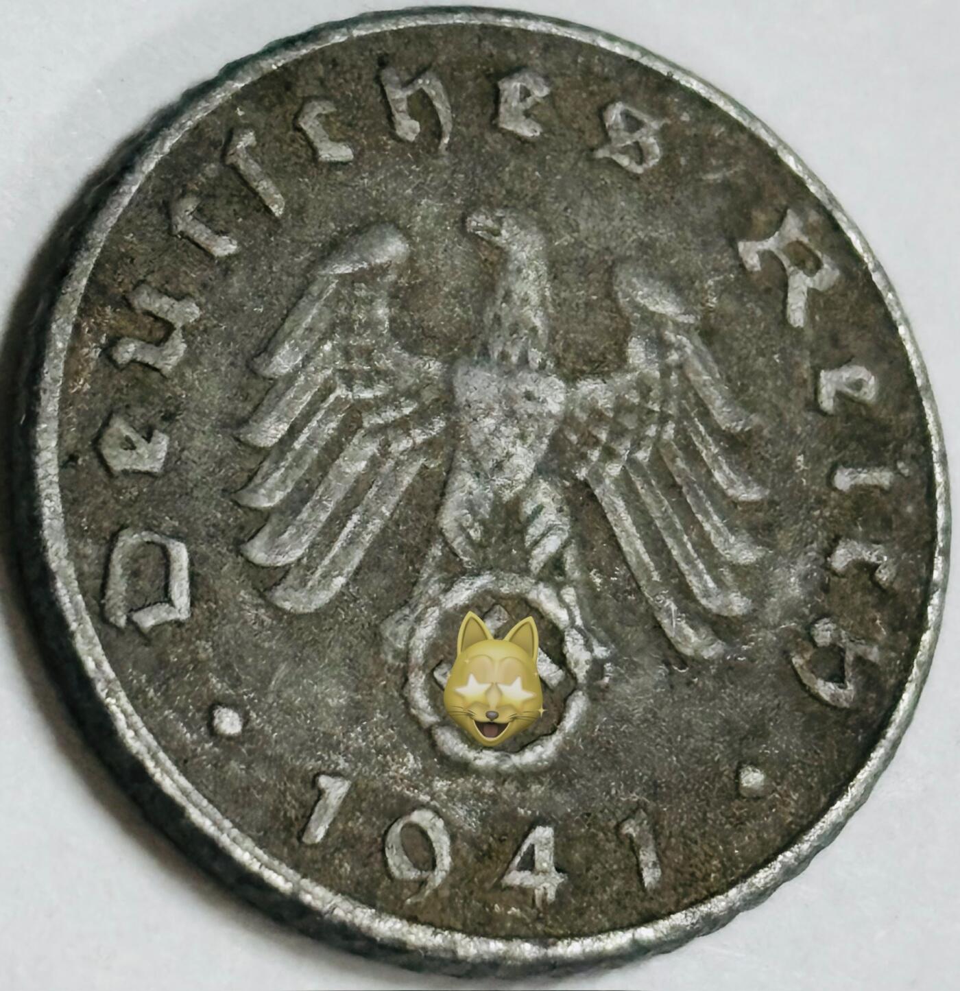 文馨钱币收藏第 282 场，【 长期接收代拍品】，加拿大老铜代用币，银币，德三系列场 极美品 1941 年德三帝国 5 芬尼锌币 D 标，锌币保存不错，收藏不错