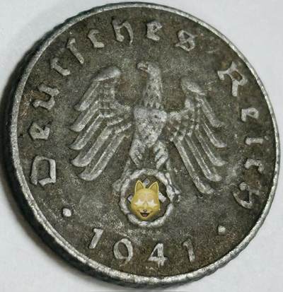 文馨钱币收藏第 282 场，【 长期接收代拍品】，加拿大老铜代用币，银币，德三系列场 - 极美品 1941 年德三帝国 5 芬尼锌币 D 标，锌币保存不错，收藏不错