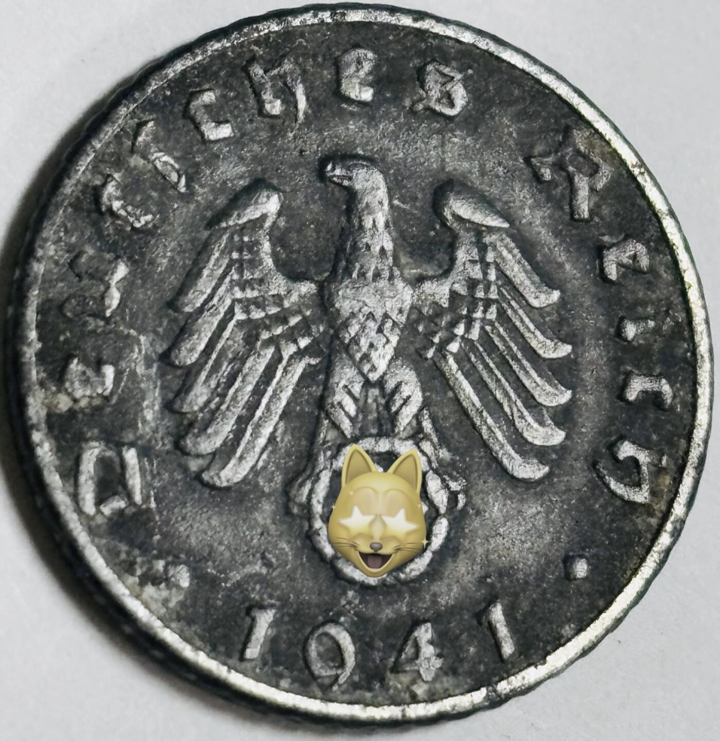 文馨钱币收藏第 282 场，【 长期接收代拍品】，加拿大老铜代用币，银币，德三系列场 极美品 1941 年德三帝国 5 芬尼锌币 B 标，锌币保存不错，收藏不错