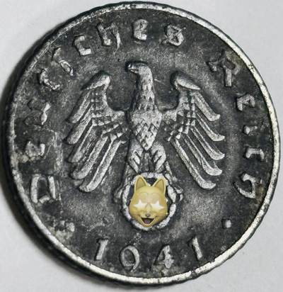 文馨钱币收藏第 282 场，【 长期接收代拍品】，加拿大老铜代用币，银币，德三系列场 - 极美品 1941 年德三帝国 5 芬尼锌币 B 标，锌币保存不错，收藏不错