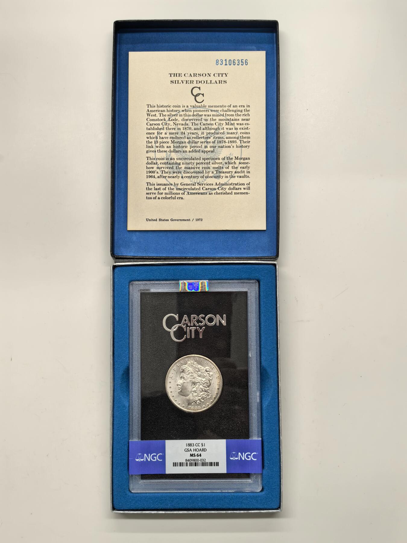 博洋堂藏家专场系列之美国钱币白金之夜专场暨第148期（全场包邮） NGC MS64 美国1883 CC 摩根 卡森厂 GSA大封装 附原盒及证书 人像面月牙形彩虹包浆 高分难得 十字转光