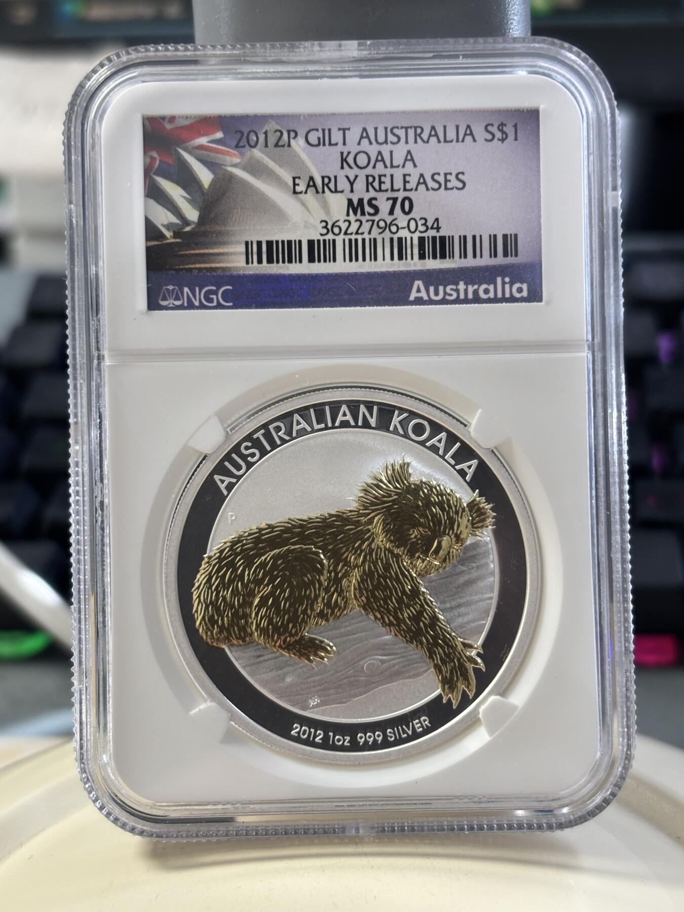 第182期拍卖 澳大利亚2012年考拉镀金银币NGC-MS70,1盎司，999银