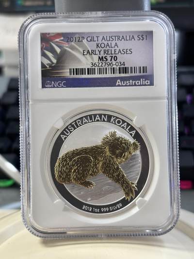 第182期拍卖 - 澳大利亚2012年考拉镀金银币NGC-MS70,1盎司，999银