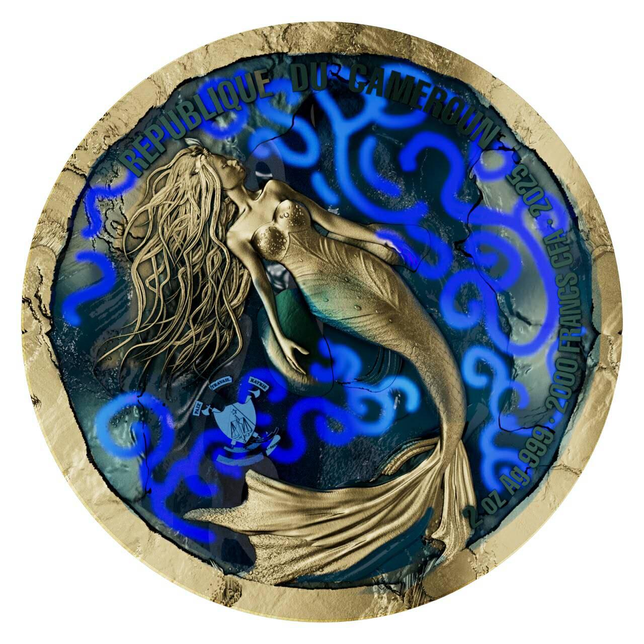 喀麦隆2025年海上诱惑系列美人鱼2盎司镀金版荧光高浮雕纪念银币。镀金版发行99枚