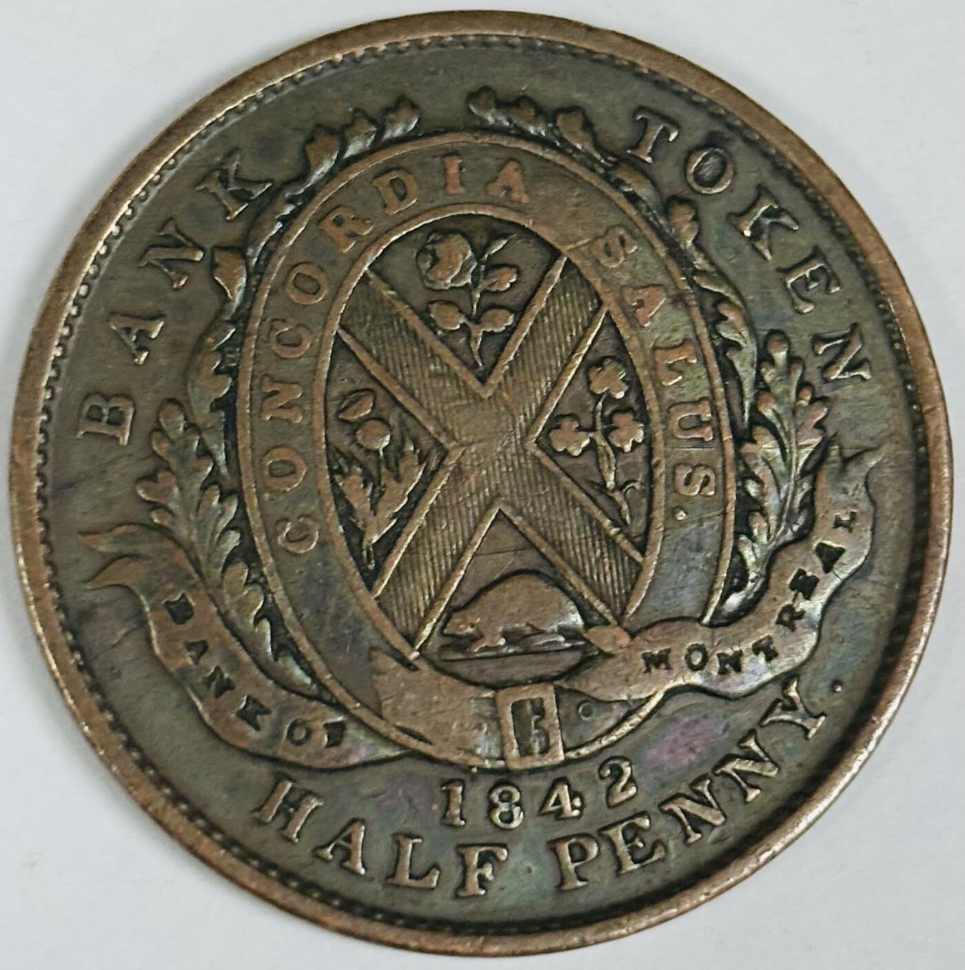 文馨钱币收藏第 282 场，【 长期接收代拍品】，加拿大老铜代用币，银币，德三系列场 稀少双彩极美品英属加拿大蒙特利尔银行1842 年半便士1/2便士铜币代用币