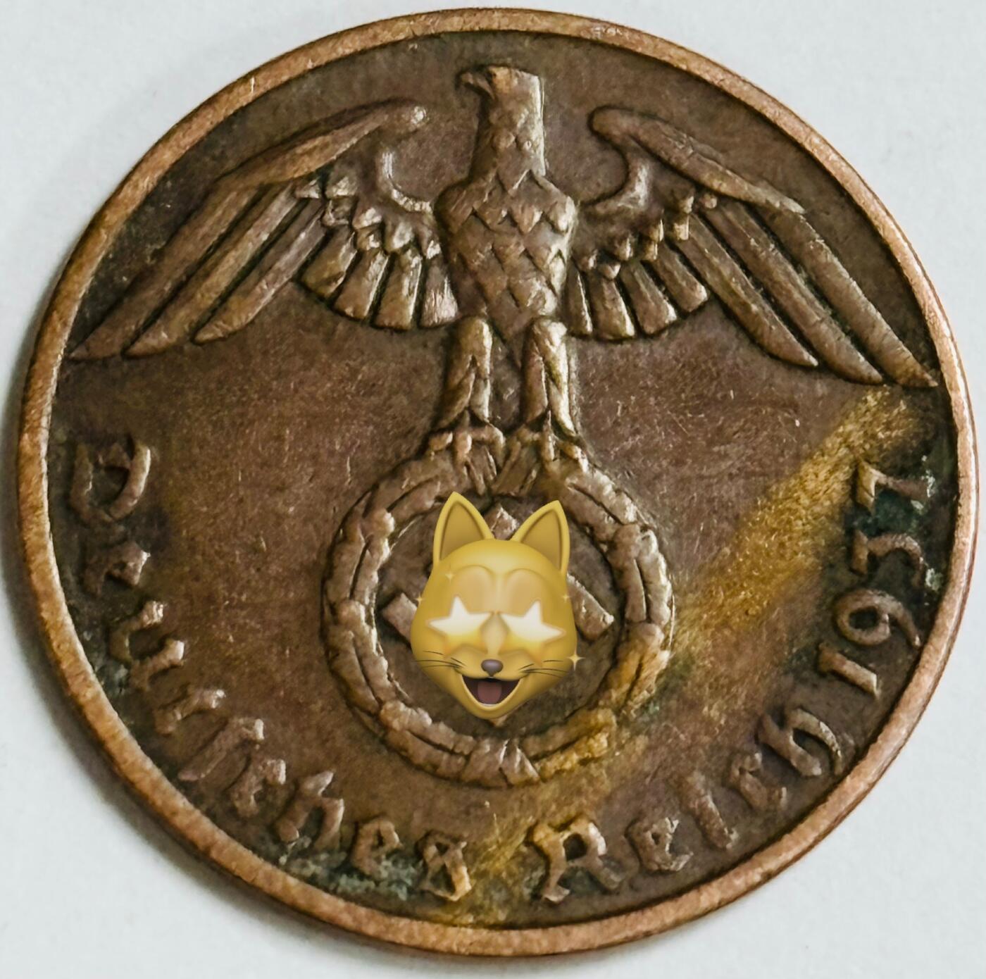 文馨钱币收藏第 282 场，【 长期接收代拍品】，加拿大老铜代用币，银币，德三系列场 极美品 1937 年德三帝国 1 芬尼铜币 A 标