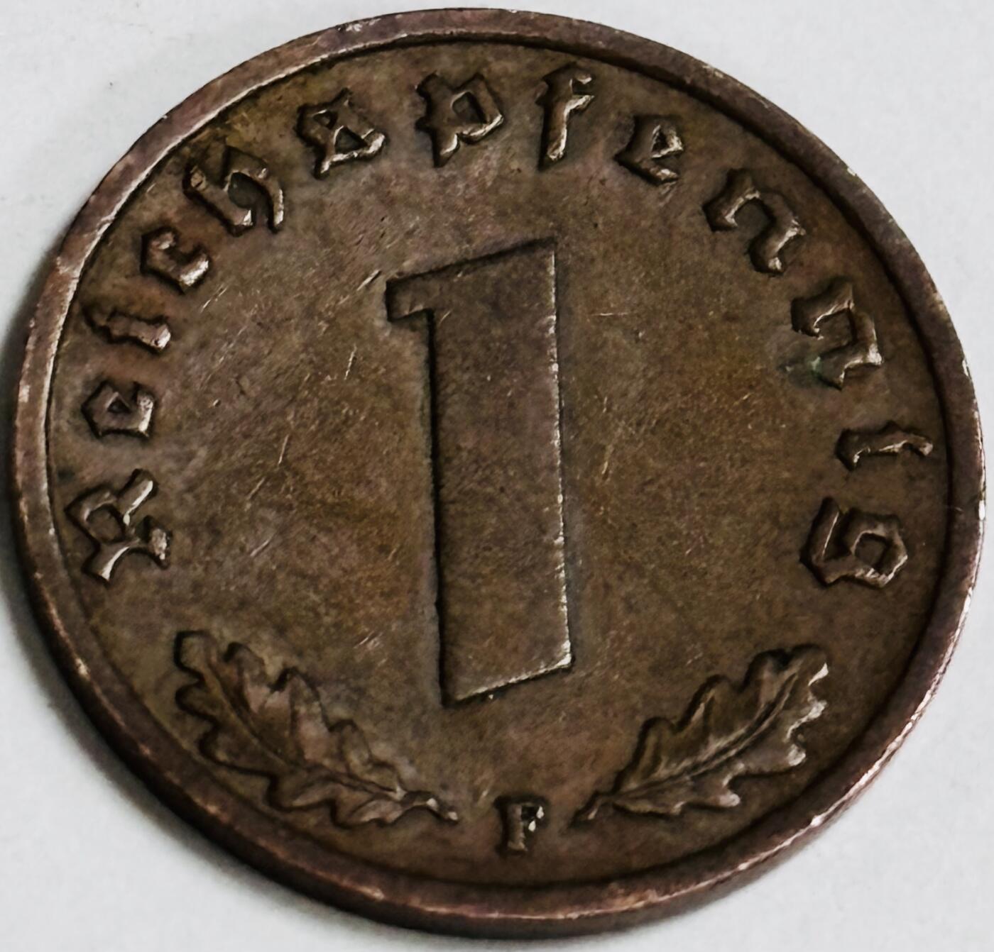 文馨钱币收藏第 282 场，【 长期接收代拍品】，加拿大老铜代用币，银币，德三系列场 极美品 1938 年德三帝国 1 芬尼铜币 F 标