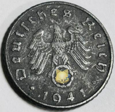 文馨钱币收藏第 282 场，【 长期接收代拍品】，加拿大老铜代用币，银币，德三系列场 - 极美品 1941 年德三帝国 5 芬尼锌币 D 标，锌币保存不错，收藏不错