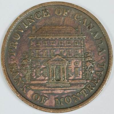 文馨钱币收藏第 282 场，【 长期接收代拍品】，加拿大老铜代用币，银币，德三系列场 - 稀少双彩极美品英属加拿大蒙特利尔银行1842 年半便士1/2便士铜币代用币
