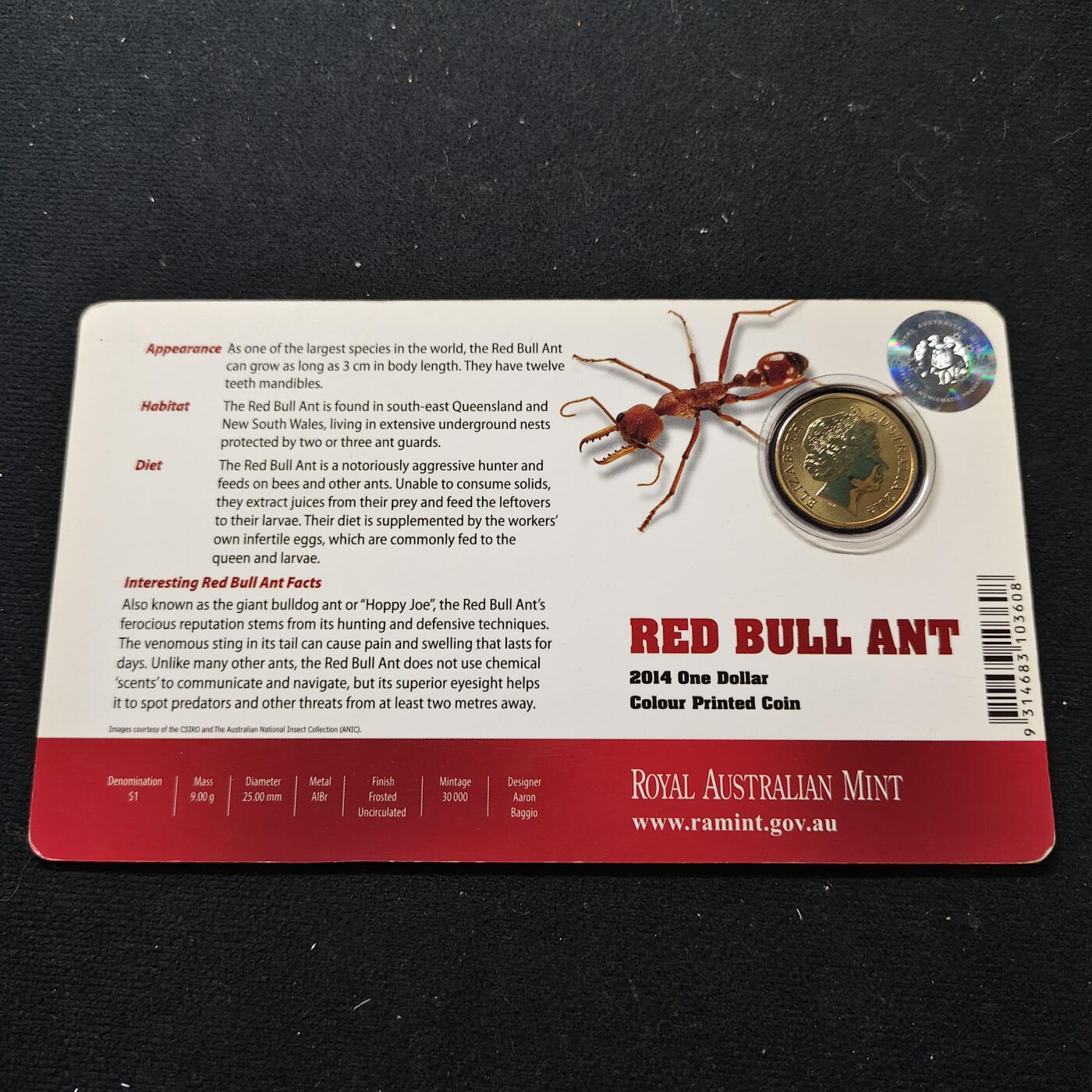 【全场包邮】纯粹捡漏拍480场（免费代拍第17场） 澳大利亚2014年1元彩色昆虫系列红牛蚁官方卡装彩色纪念币