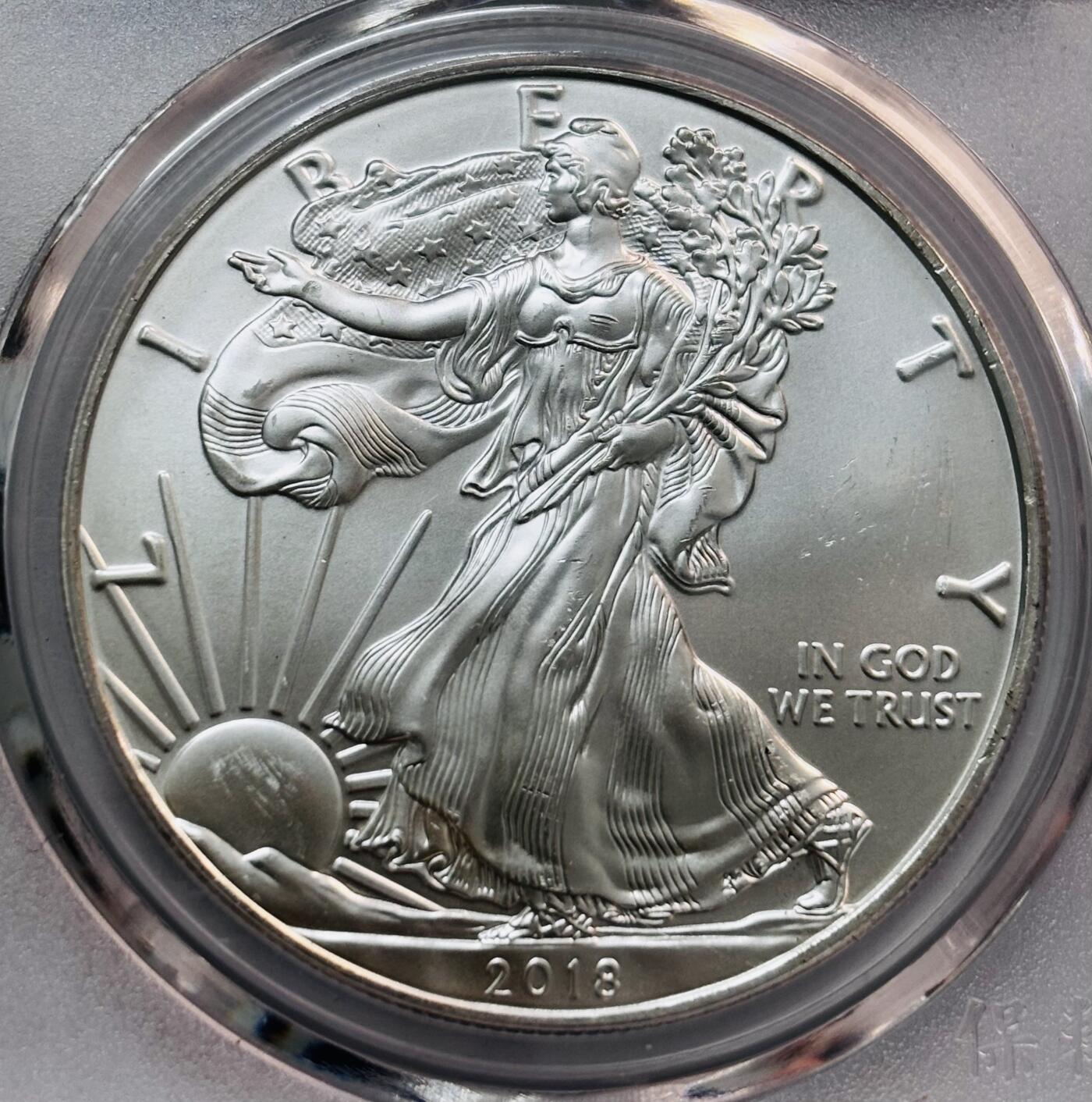 文馨钱币收藏第 282 场，【 长期接收代拍品】，加拿大老铜代用币，银币，德三系列场 2018年美国鹰洋银币1盎司.美国自由女神银币，早期 BC 评级 MS70 分冠军分，盒子币售出不退不换