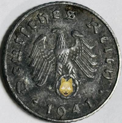 文馨钱币收藏第 282 场，【 长期接收代拍品】，加拿大老铜代用币，银币，德三系列场 - 极美品 1941 年德三帝国 5 芬尼锌币 A 标，锌币保存不易，品相佳，收藏不错