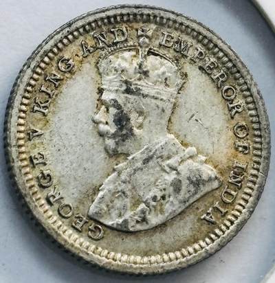 文馨钱币收藏第 282 场，【 长期接收代拍品】，加拿大老铜代用币，银币，德三系列场 - 少见带光极美品 1935 年英属海峡殖民地乔治五世 5 分银币，第二版关门年 600 银