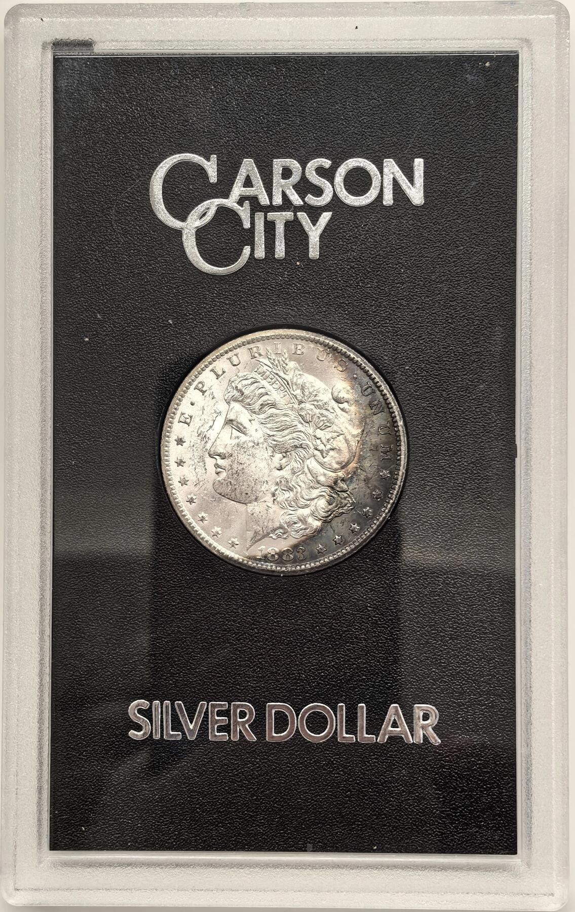 博洋堂藏家专场系列之美国钱币白金之夜专场暨第148期（全场包邮） 美国1883-CC GSA 摩根 正面有月牙形蓝彩包浆 64分的评级状态 证书和盒子齐全