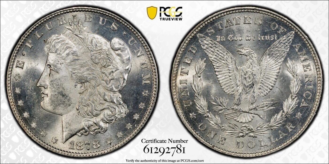 博洋堂藏家专场系列之美国钱币白金之夜专场暨第148期（全场包邮） PCGS MS62 美国1878 首年摩根 8TF 八羽 霜感十足 十字转光