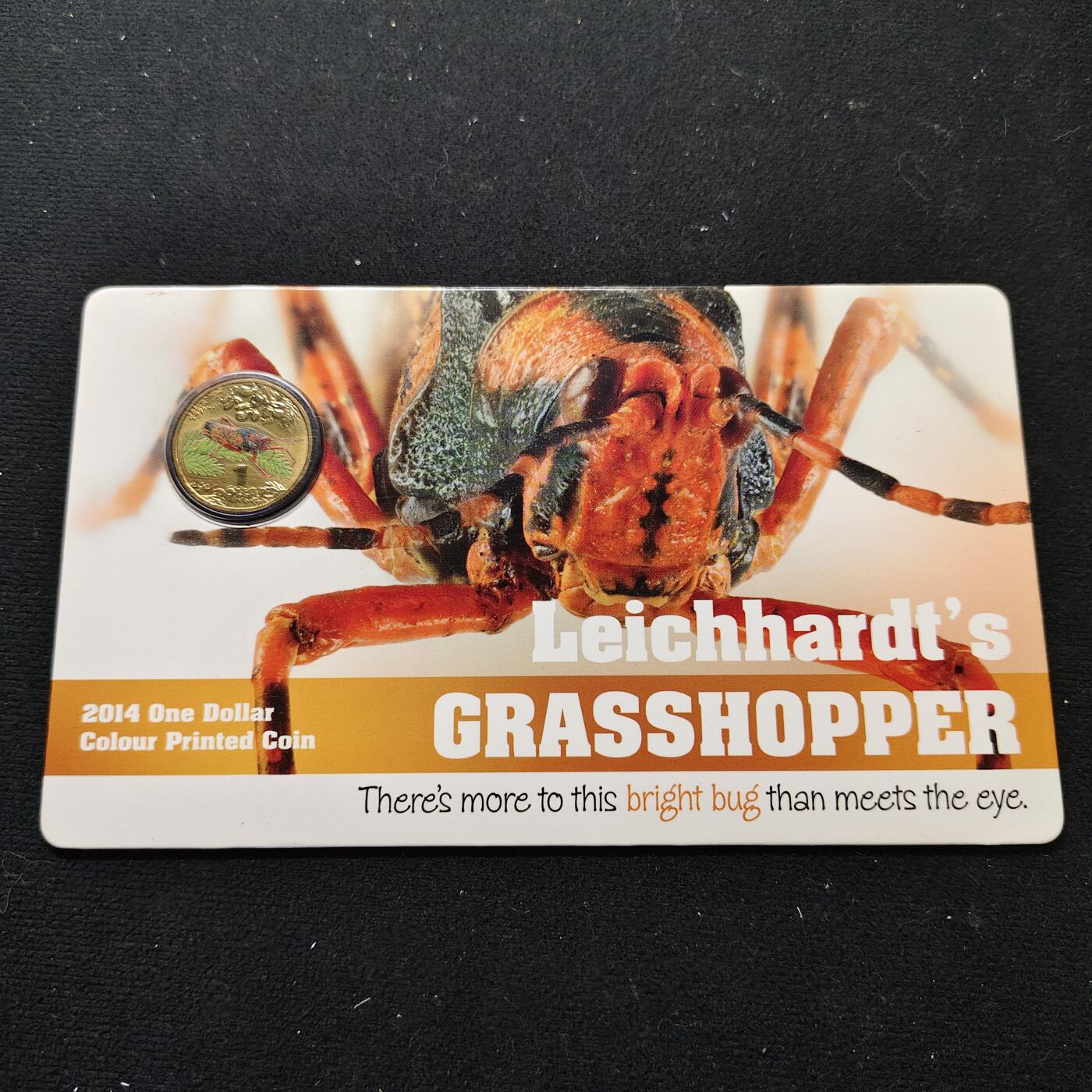 【全场包邮】纯粹捡漏拍480场（免费代拍第17场） 澳大利亚2014年1元彩色昆虫系列莱奇哈特蚱蜢官方卡装彩色纪念币