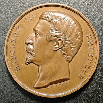 【德藏】世界币章拍卖第154期（拍品征集中~欢迎藏友联系） - 1861年 法国拿破仑三世农业协会奖章纪念大铜章 手指边铭 直径约：57mm；重约：81g 立体感十足 高浮雕制作