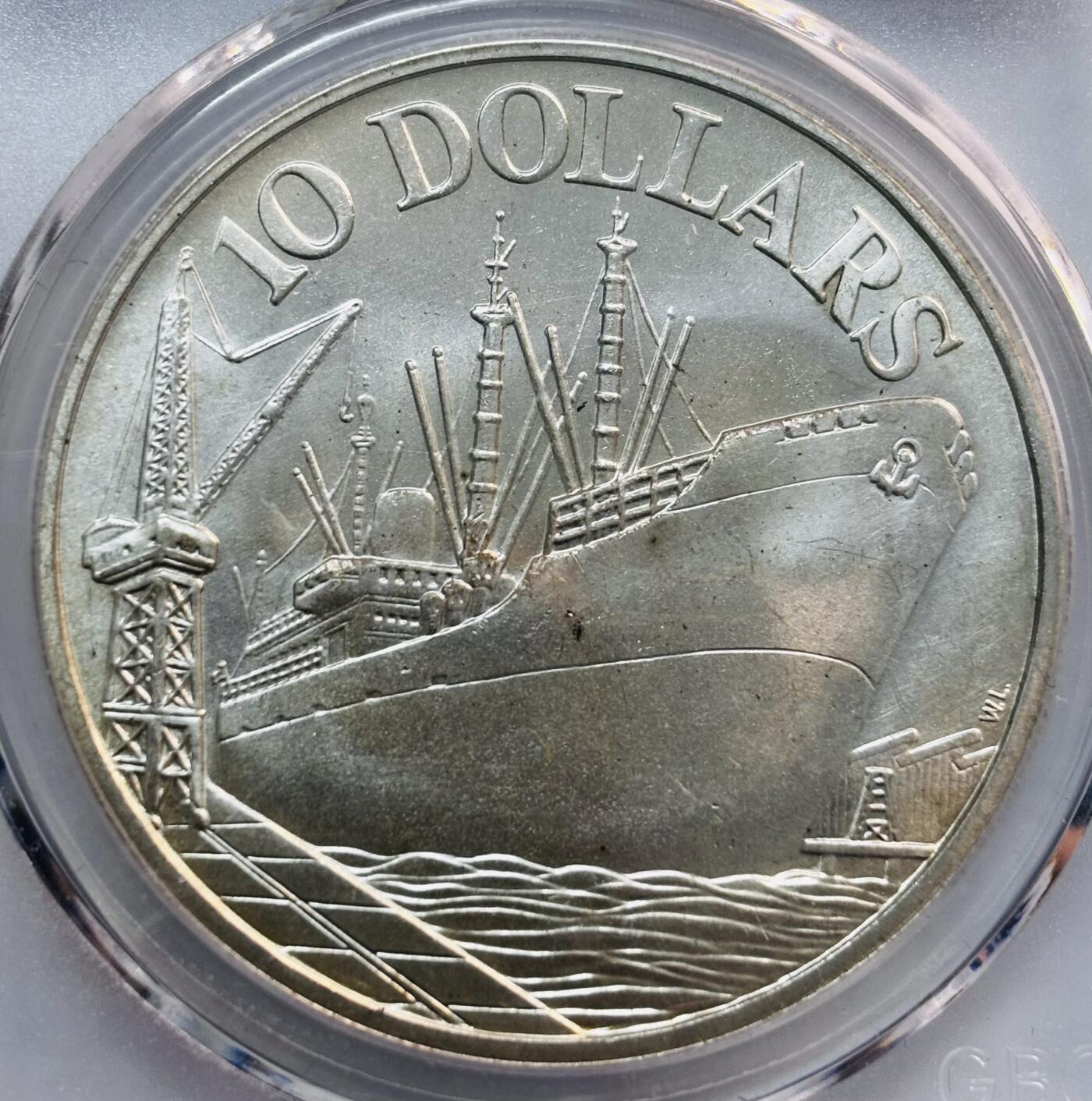 文馨钱币收藏第 282 场，【 长期接收代拍品】，加拿大老铜代用币，银币，德三系列场 公博评级MS68 分，1977 年新加坡轮船 10 元大银币