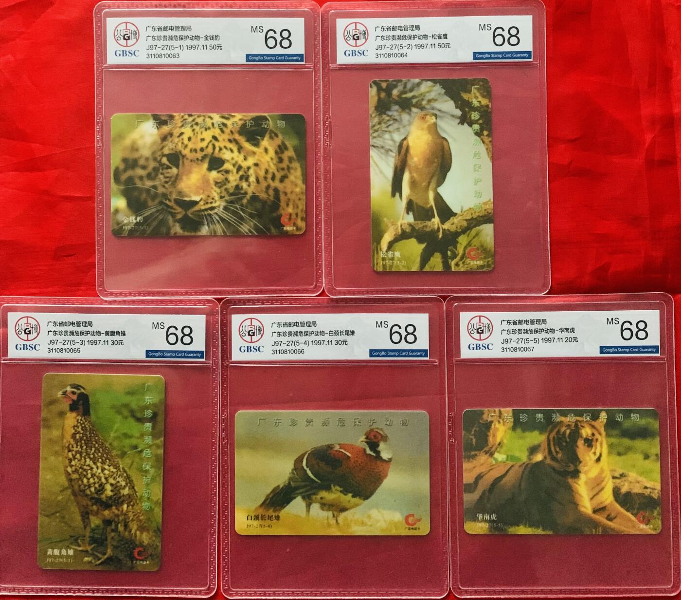 《卡拍》第340期拍卖11月22日晚22：10时延时截拍 广东欧特佳卡《J97-27广东珍贵濒危保护动物》五全新卡，公博评级MS68分。