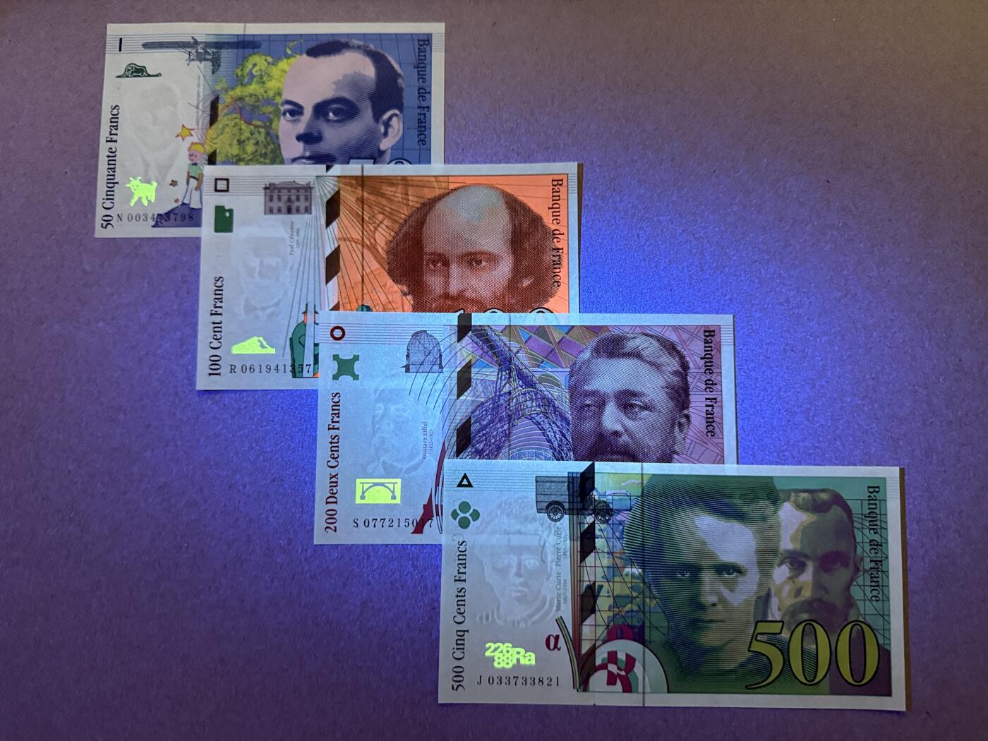 《艾美收藏》第221期-11.23周日黄金场精品荟萃 法国50、100、200、500法郎4张 UNC 末版一套 50法郎小王子为1992年初版 全部原票好品