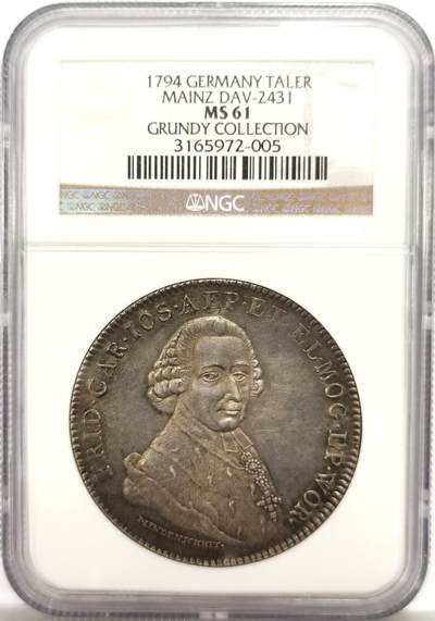 博洋堂世界钱币拍卖第147期（全场包邮） - NGC MS61 1794年德国美因茨弗雷德里希-卡尔-约瑟夫1泰勒大银币。被誉为“最杰出的克朗型集藏”的grundy集藏中的原物，这么好的来源可见此枚品质之佳。此枚五彩包浆，底板细节均极为出色，目测完全不逊于现在评出来的62状态。罕见品种，此品种麦稀奇首见