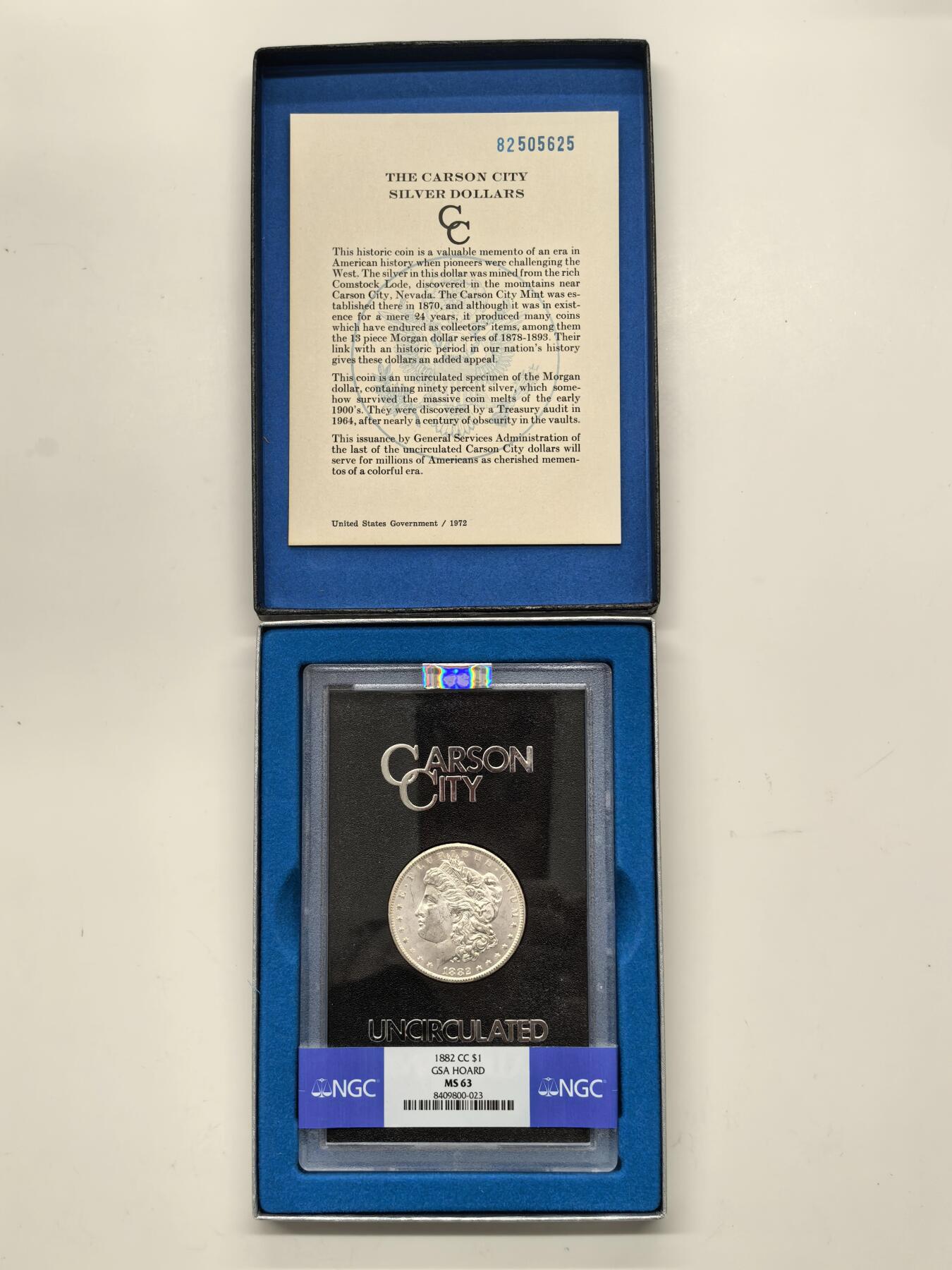 博洋堂藏家专场系列之美国钱币白金之夜专场暨第148期（全场包邮） NGC MS63 美国1882 CC 摩根 卡森厂 GSA大封装 附原盒及证书 鹰面覆盖金黄色包浆 高分难得 十字转光