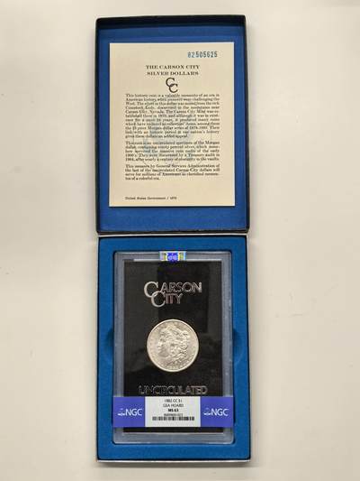 博洋堂藏家专场系列之美国钱币白金之夜专场暨第148期（全场包邮） - NGC MS63 美国1882 CC 摩根 卡森厂 GSA大封装 附原盒及证书 鹰面覆盖金黄色包浆 高分难得 十字转光