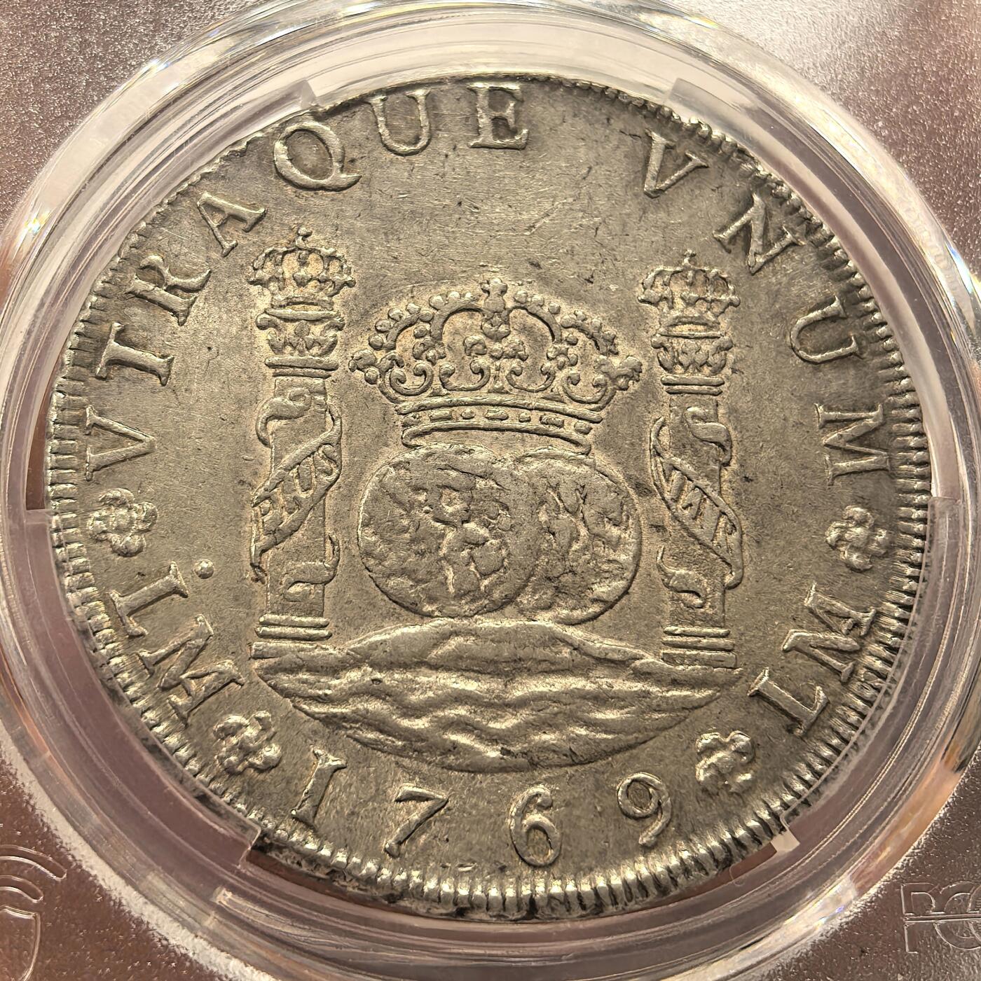 博洋堂世界钱币拍卖第147期（全场包邮） PCGS AU58 西属秘鲁1769年卡洛斯三世地球双柱银币 单点版，利马造币厂铸，秘鲁地球铸造量及好品存世量远少于墨西哥地球，AU58已是PCGS唯一亚军分、更高分仅一枚，西属币主要看打制，本枚打制压力十足、无常见的弱打偏打，底光充沛无铸缺，值得入藏的品质。